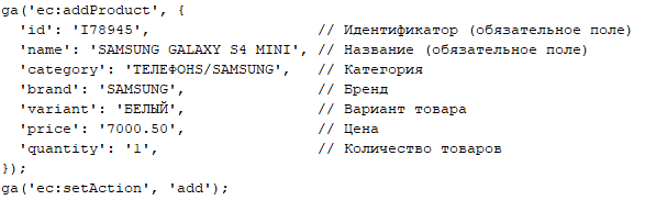 Настройка электронной коммерции Google Analytics &mdash; Добавление товара
